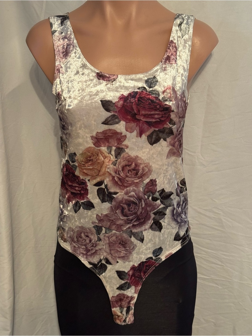 Floral Crushed Velvet Scoop Neck Bodysuit - White with Red Pink Purple Roses